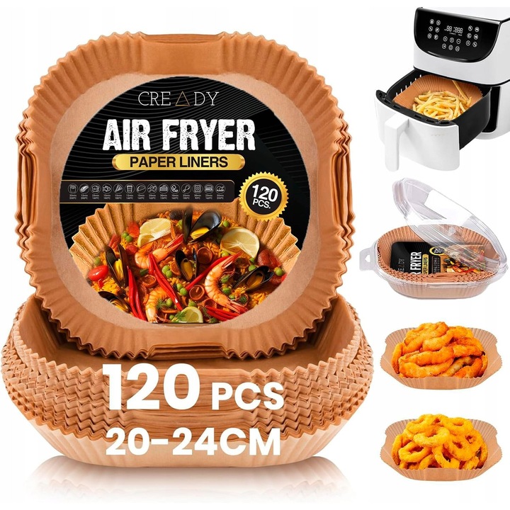 Set 120 bucati hartie pentru friteuza, 20x20cm, rezistenta la temperaturi de pana la 232°C, impermeabila, usor de utilizat