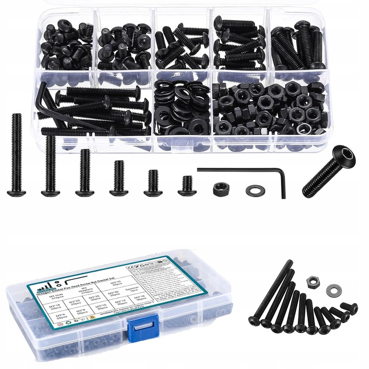 Set 226 suruburi M4 cu piulite si rondelle, otel, rezistent la rugina, organizer inclus