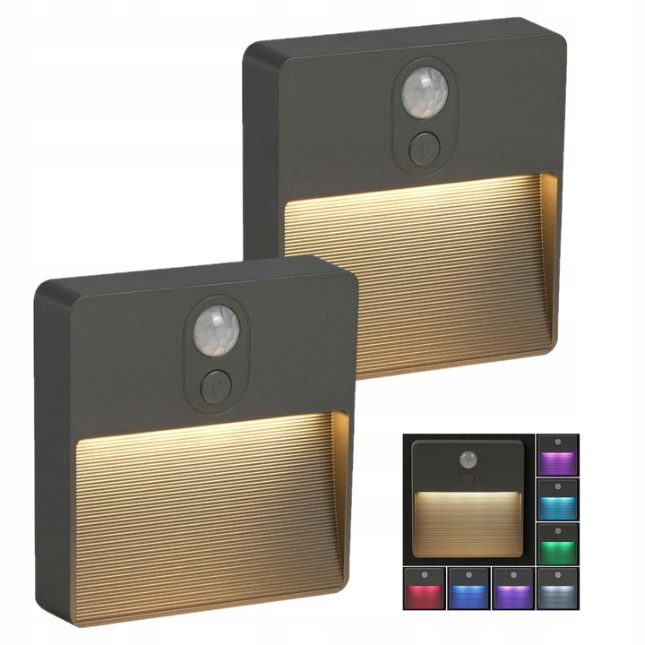 Set 2 veioze LED gri cu senzor de miscare si reglaj al intensitatii luminii, RGB