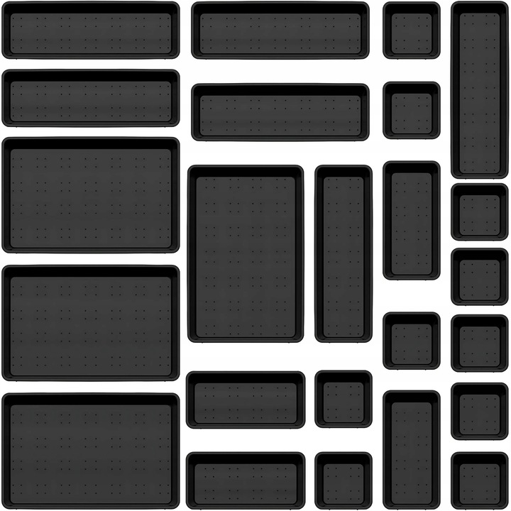Set 24 Organizatoare pentru sertare, Plastic, Negru
