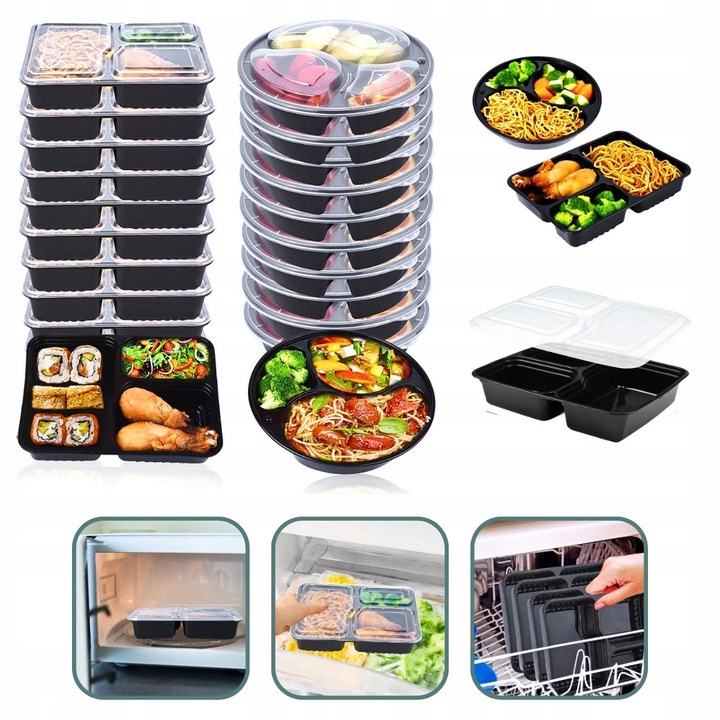 20 darab újrafelhasználható élelmiszeres edénykészlet, 10 kerek tál 22,1 cm, 10 négyzetes doboz 22,1x16,5x5 cm, 1000 ml, BPA-mentes