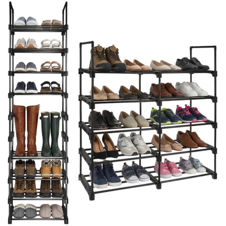 Suport modular pantofi 10 niveluri 45x30x174 cm, raft pantofi metalic pentru 20 perechi, organizator incaltaminte ingust pentru hol, dressing si dulap