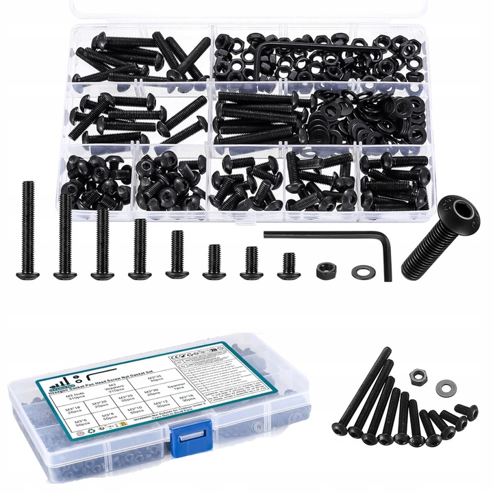 Set 261 bucati suruburi M5, suruburi hexagonale, piulite si rondelle, otel, rezistent la rugina