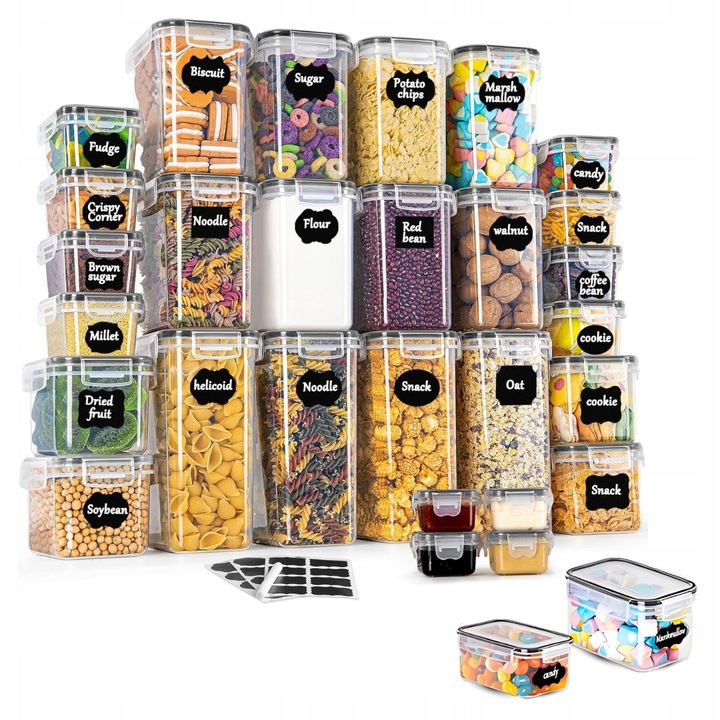 32 darabos élelmiszertároló doboz készlet, címkékkel és jelölővel, átlátszó, BPA-mentes