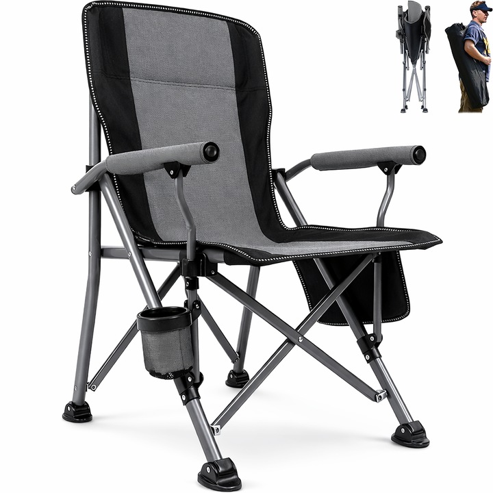 TNS® Összecsukható kemping és horgász szék, XXL méret 94x58x58cm, Vastag fémváz, Maximális teherbírás 150 kg, Prémium Oxford szövet anyag, Hordtáskával, Szürke