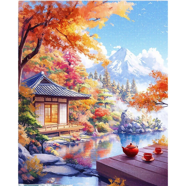 Set goblen cu diamante, cu sasiu, Casa ceaiului langa lac, 40x50 cm