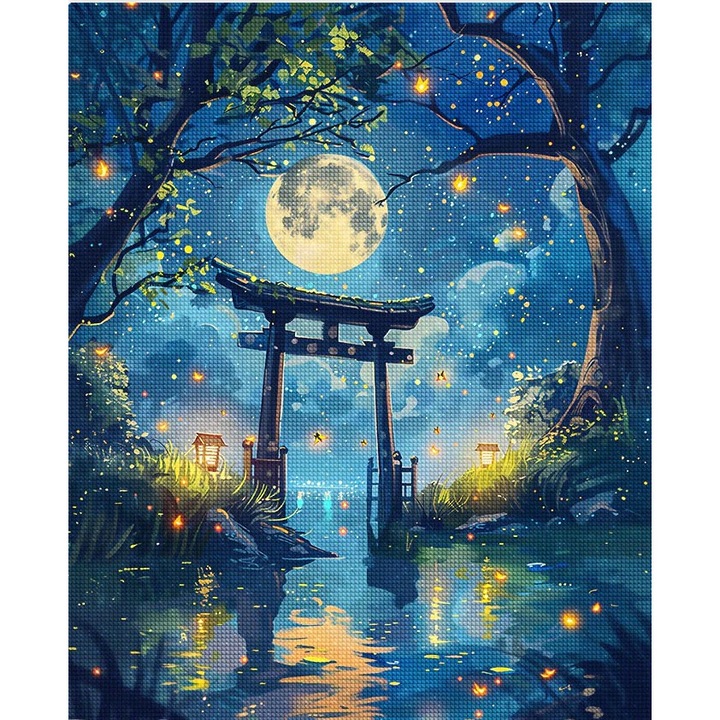 Set goblen cu diamante, cu sasiu, Torii sub clar de luna si licurici, 40x50 cm