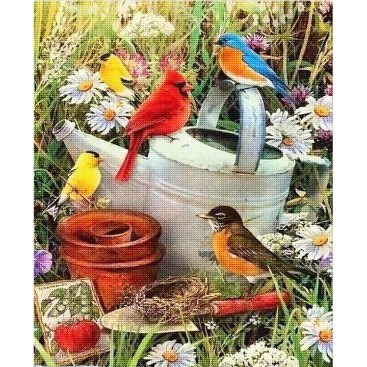 Set goblen cu diamante, cu sasiu, Pasari in gradina, 40x50 cm