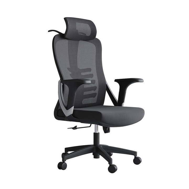 Ергономичен офис стол, Invincio, Nicolle-H, Мрежеста облегалка, Регулиране на височината, Регулируема облегалка за глава, Лумбална опора, Подплатена седалка, Фиксирани V-образни подлакътници, PP основа 330 мм, Черен