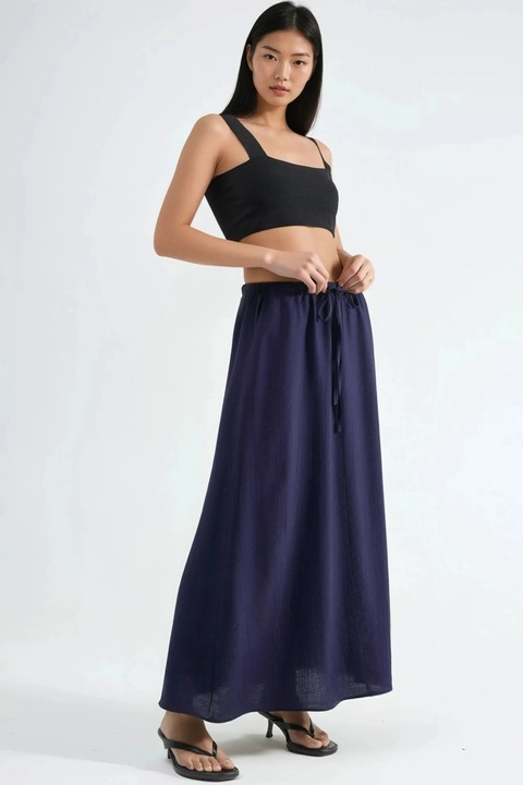 Fusta maxi Busem, talie inalta, croiala in A, albastru marin, 100% poliester