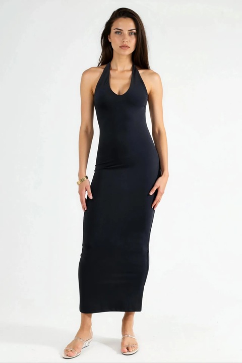 Rochie Midi Busem cu decolteu tip halter, Negru, Jerseu