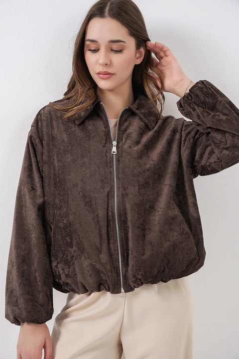 Geaca dama Big Dart, supradimensionata, catifea, maro, 100% poliester