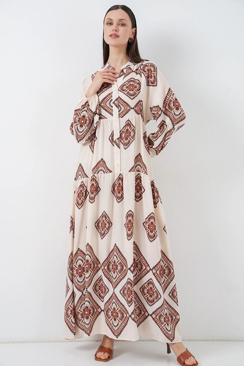 Rochie maxi Big Dart, imprimeu, decolteu in V, bej, textil