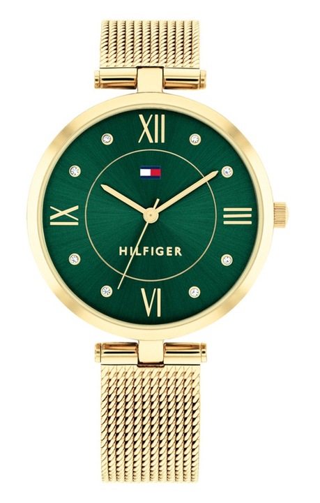 Ceas dama Tommy Hilfiger Ella 1782711, Quartz, 34 mm, Bratara otel inoxidabil aurie, Cadran verde cu cristale, Analog, 3 ATM