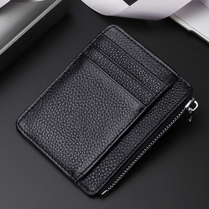 Port card premium pentru carte identitate, piele, lucrat manual, 11 x 7.5cm, negru