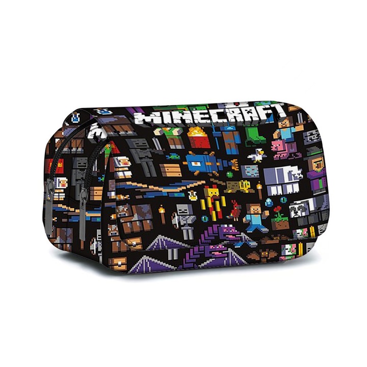 Minecraft - Penar mare - Penar personalizat pentru baieti cu design - 2 compartimente spatioase - Maner de transport - Rechizite de papetarie pentru copii - Negru