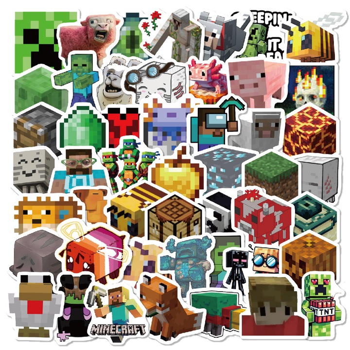 100 db Minecraft matrica gyerekeknek, tiniknek és gamereknek – Creeper, Steve, állatok, blokkok, buli, laptop, vizespalack, scrapbook, DIY kézműves szórakozás