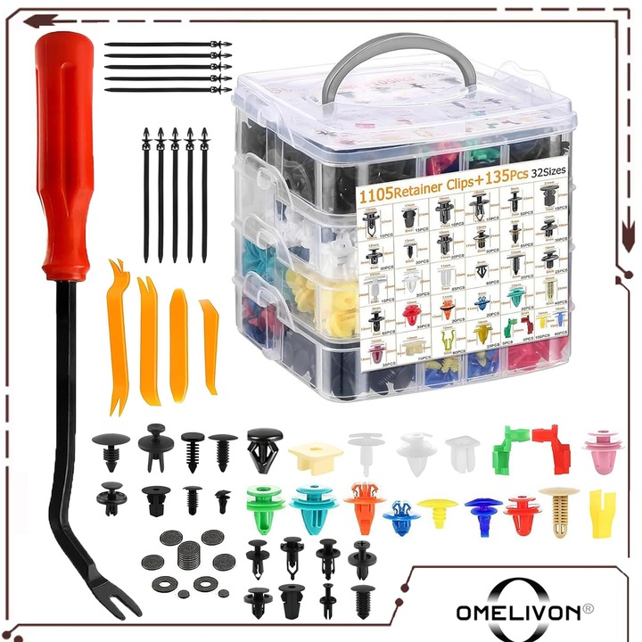 Set 1240 rögzítőkapocs/autóklipsz, Omelivon®, Univerzális klipsz készlet, Válogatott autóipari rögzítőelemek lökhárítóhoz, kábelekhez és eltávolító eszközökhöz, autóipari panelek díszítéséhez és karbantartásához