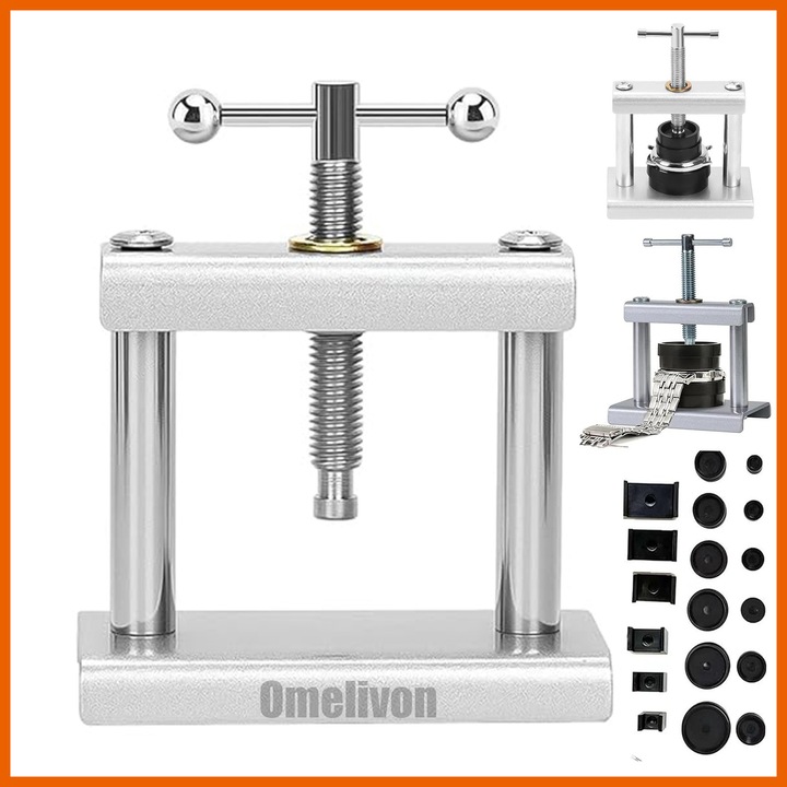 Set instrumente repararea ceasurilor, Omelivon®, Presa capace ceasuri, cu 18 matrite, Set de scule pentru presarea ceasurilor, inchidere carcasa spate ceas pentru inchiderea capacului, ajustabila, metal, Argintiu