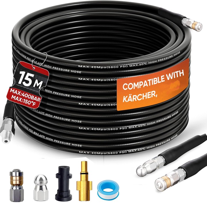 Furtun de curatare canalizare 15m, Omelivon®,5800Psi,400 Bar, cu 4 adaptoare, pentru Karcher K2K2/K3/K4/K5/K6/K7, Anti-Strangulare, Premium, Temperatura maxima 60C, Negru