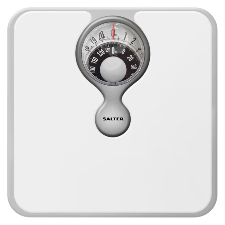 Cantar mecanic Salter cu lupa, Cantar de baie, Maxim 133 kg, Cantar personal compact, Cadran usor de citit, Cantar fara baterii, Analogic, Greutate in kg, St/lbs, Alb
