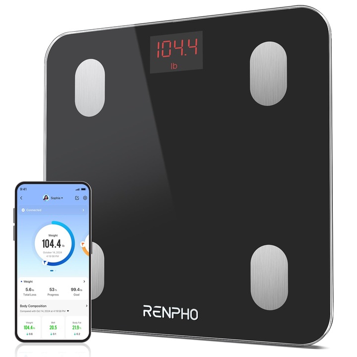 Cantar personal digital RENPHO cu APP 180 kg, cantar pentru persoane cu grasime corporala si masa musculara cu 13 masuratori, cantar Bluetooth pentru grasimi corporale pentru bebelusi si gravide, negru