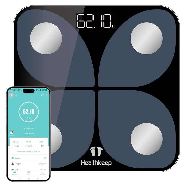 Cantar digital pentru grasime corporala cu aplicatie 180 kg/400 lbs, Cantar inteligent Bluetooth pentru analiza grasimilor corporale, IMC, masa musculara, proteine, BMR, castigator test, cantar de calatorie pentru cantaruri corporale, 26x26 cm