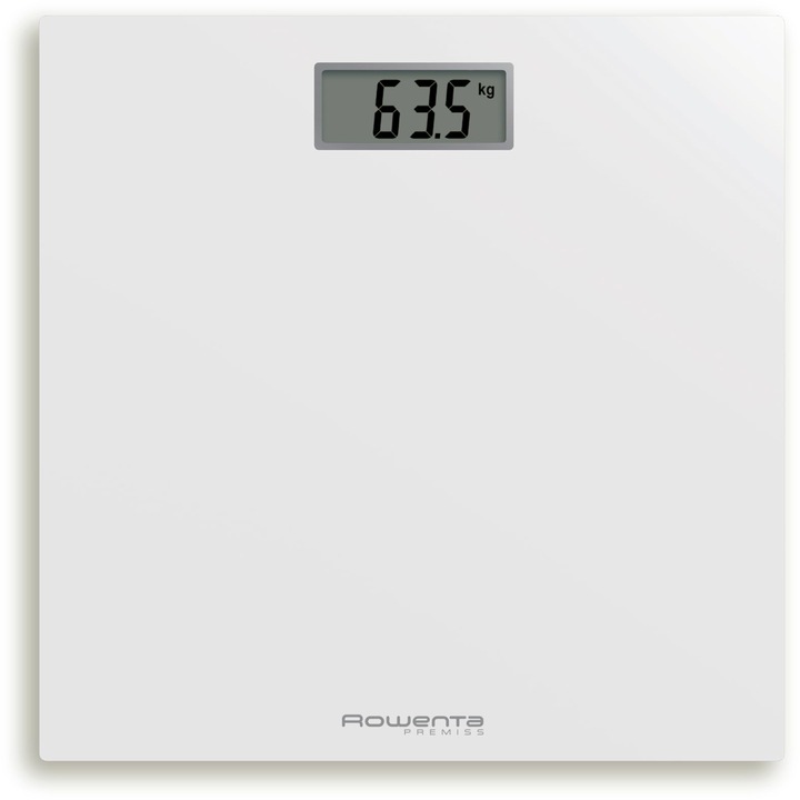 Rowenta Premiss BS1401 Cantar de baie digital din sticla securizata 30x30cm Max 150kg Cantar precis ultra subtire la fiecare 100g Functii inteligente Afisaj mare Alb BS1401