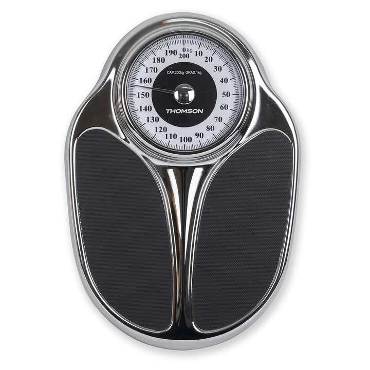 THOMSON Trad Mass, cantar de baie mecanic, pana la 200 kg, placa mare anti-alunecare, lizibilitate optima, stil vintage, finisaj cromat, fara baterie