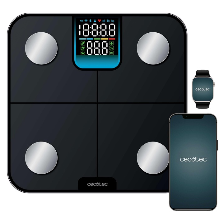 Cecotec Cantar personal inteligent cu App Surface Precision HealthySmart, Bluetooth si 25 de parametri, dimensiune 28 x 28 cm, display LCD, capacitate maxima 180 kg, functionare cu baterie
