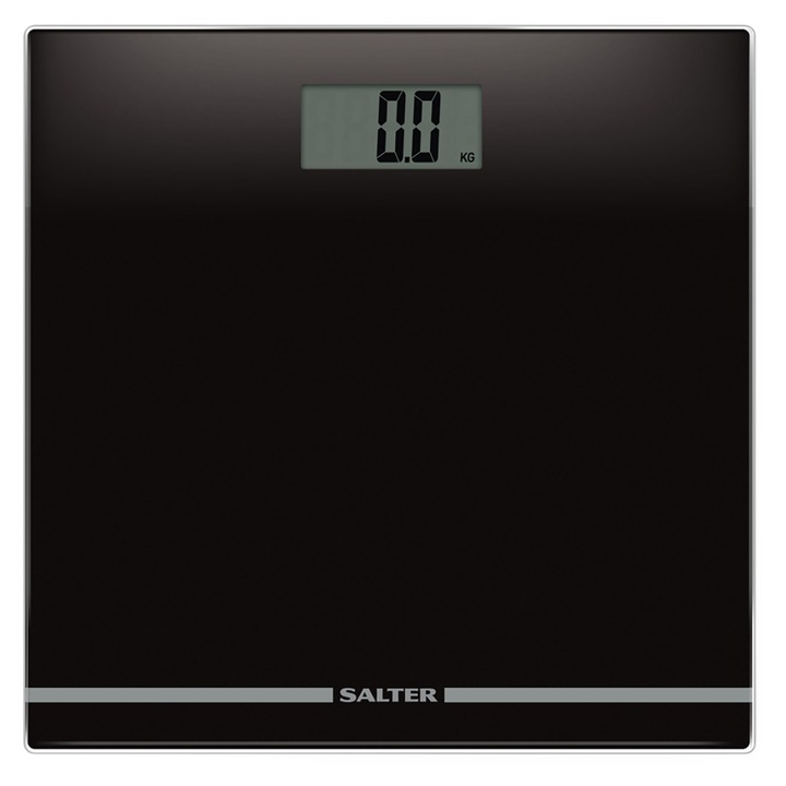 Cantar de baie digital Salter 9205 BK3R, Cantar pentru greutate corporala cu 180 kg/400 lbs, cantar personal cu platforma subtire din sticla, display LCD usor de citit, activare pas cu pas, negru, cantaresc kg/st/lbs