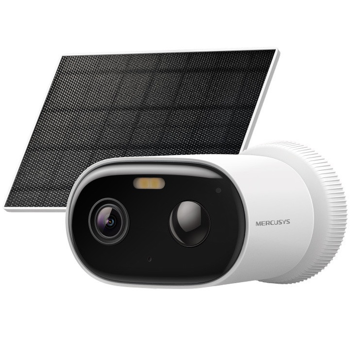 Kit camera de supraveghere + panou solar Mercusys MC410 KIT, 3MP, 2K, 2304 x 1296, Color Night Vision, Detectie inteligenta, Two-Way Audio, acumulator, montare fara cabluri, baterie 5200mAh, IP65