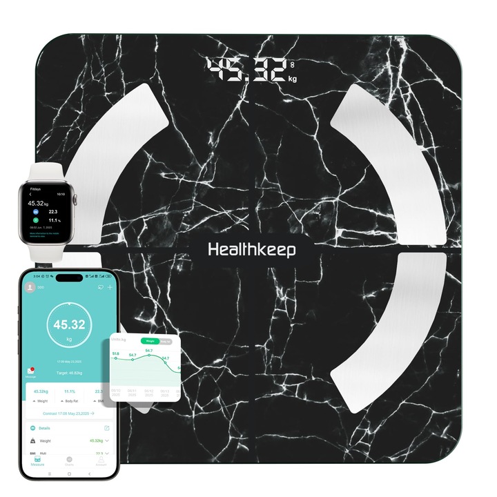 Cantare personala Healthkeep Contor de impedanta Bluetooth de inalta precizie cu aplicatie 13 indicatori pentru Android si iOS Max 180kg/400lb/28st 28x28cm Marmura Negru