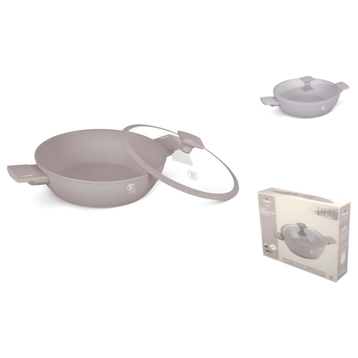 Ниска тенджера с плътен капак, ANGMAD Titan незалепваща 3.8L, 28x7.5 см, Turbo индукционна основа, стъклен капак с отдушник за пара, меки дръжки, универсална съвместимост индукция, газ, електричество, керамика, сива