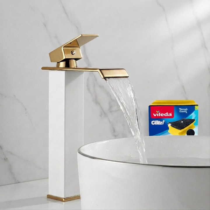 TrioStore® Egykaros Mosdócsaptelep, Magas, Minimalista Arany-Fehér Dizájnú Fürdőszobai Csaptelep, Modern Mosdókagylóhoz Való Fürdőszobai Csaptelep, Pultra Szerelhető, Csatlakozók Mellékelve, Elegáns Kivitel, 30 cm Magas, Tartós Fürdőszobai Csaptelep