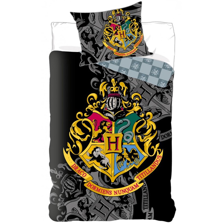 Set lenjerie de pat Harry Potter Hogwarts, 100% bumbac, 1 fata de perna 70x90cm, 1 pilota 140x200cm