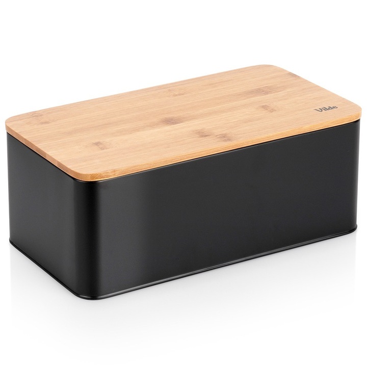 Кутия за храна Vilde, черна метална, с бамбуков капак, 33x18x13 см