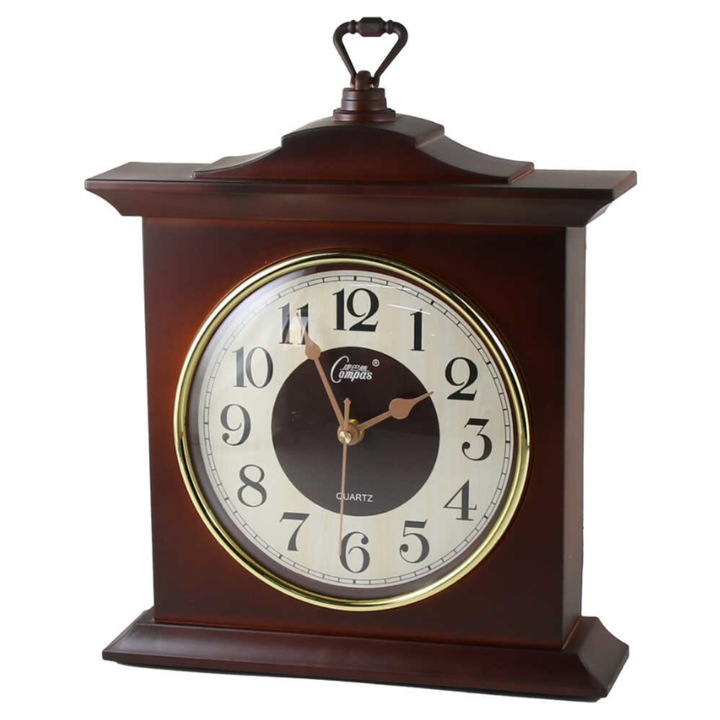 Ceas de masa Decorativ, Design Antic, Maro cu Auriu, 29x34 cm, Stil Vintage pentru Birou sau Living, Mecanism Silentios