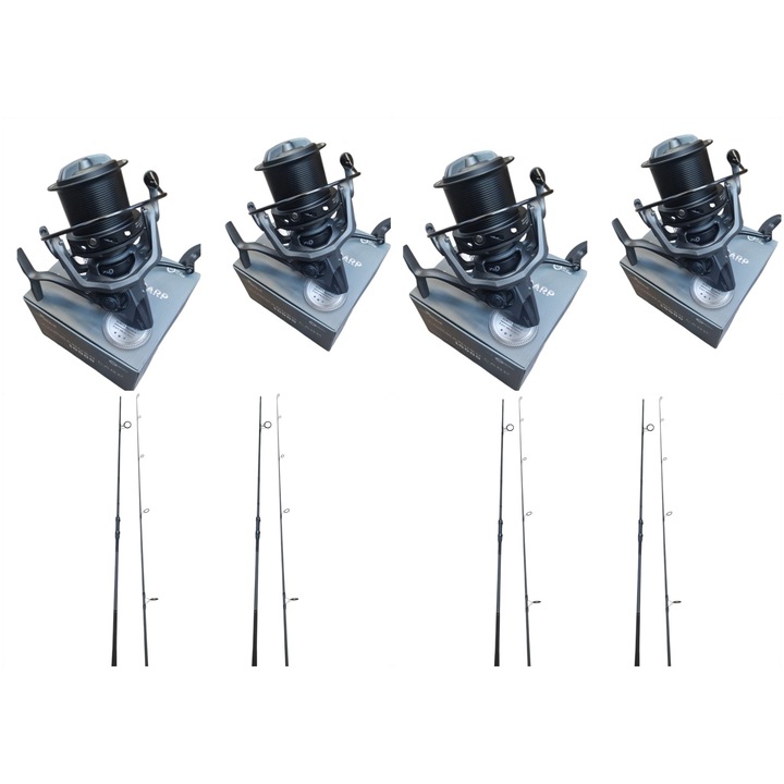 Комплект 4 шаранджийски въдици от карбон Ebisu 2 части 3.60м / 3.75 либри и 4 макари Commander 10000f