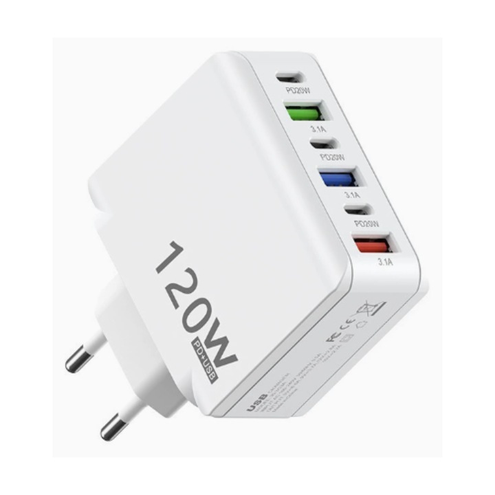 Adaptor de calatorie european, MIMI, 6 porturi USB-C, alb, 63x50mm