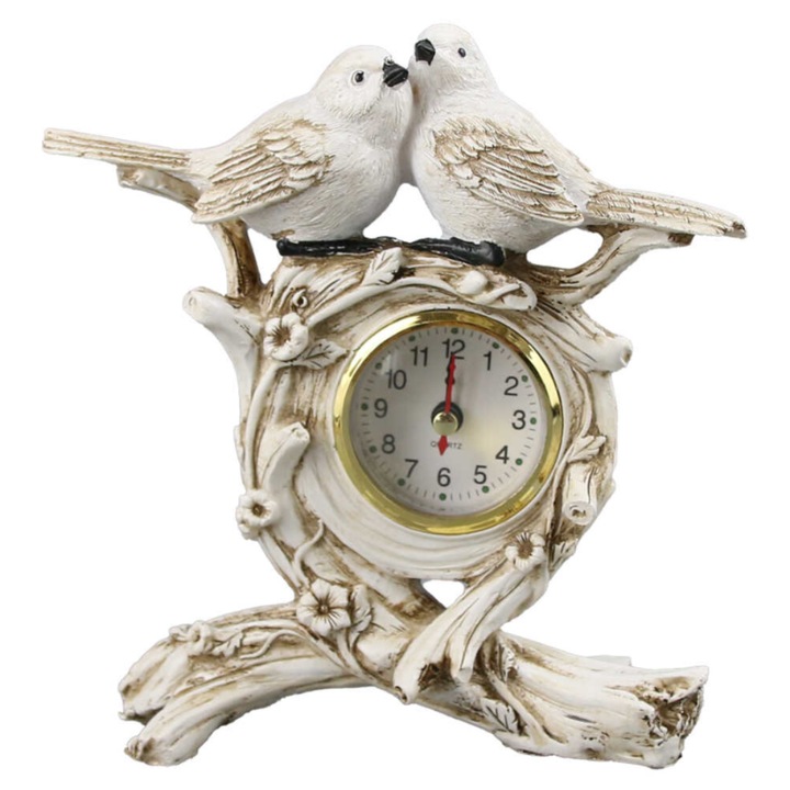 Vintage Asztali Óra Dekoratív Madarakkal, 17x18 cm, Krém és Barna Gyanta, Rusztikus Természet Stílus Otthonra, Halk Szerkezet