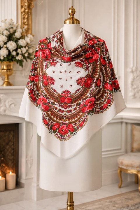 Esarfa eleganta cu trandafiri rosii – broboada florala traditionala pe fundal alb, sal feminin stil vintage