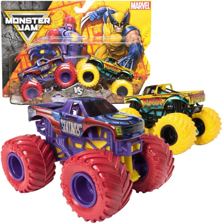 Set 2 mașinuțe metalice Monster Jam The Sentinels vs Wolverine, 1:65, multicolor, 25.40x16.51x6.99cm