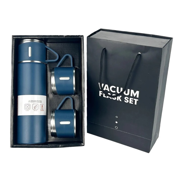 Комплект подарък Премиум термос 500мл с 3 чаши, неръждаема стомана, тъмносин