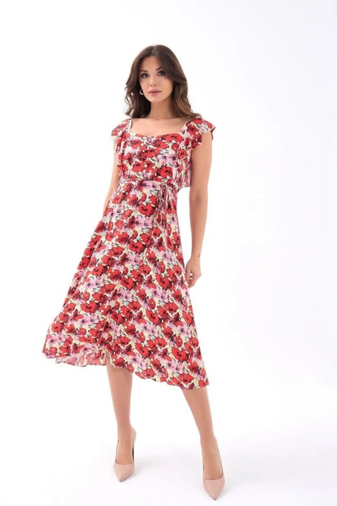 Rochie Midi Florala cu Volane JANES, Portocaliu, Bumbac, Poliester, Elastan, S INTL