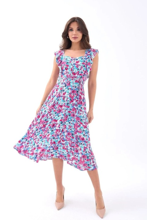 Rochie Midi Florala cu Volane si Guler Patrat JANES, Multicolor, Bumbac si Poliester, L INTL