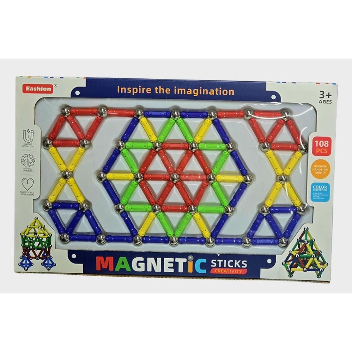 Joc educativ magnetic cu bile metalice si bete cu magnet. Un joc creativ si distractiv care ii ajuta pe copii sa construiasca diferite forme si structuri