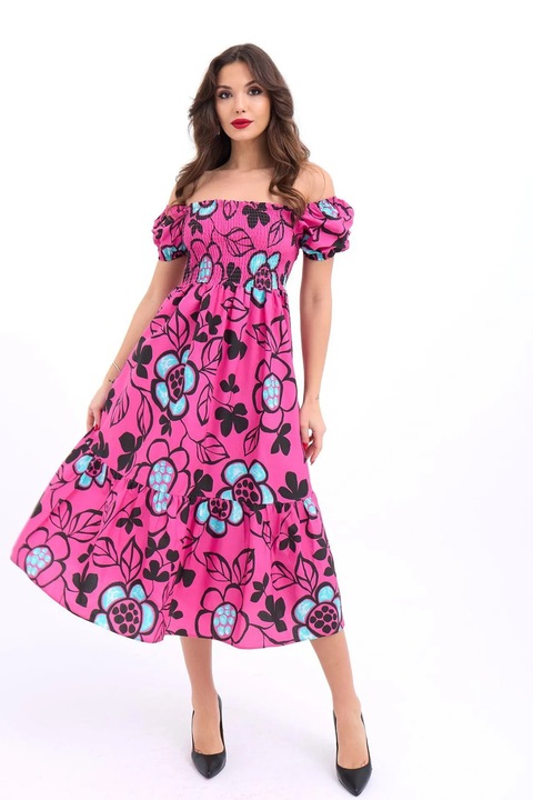 Rochie midi, JANES, evazata cu volane, multicolor