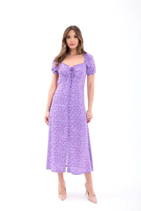 Rochie midi, JANES, florala, guler patrat, mov, bumbac si poliester