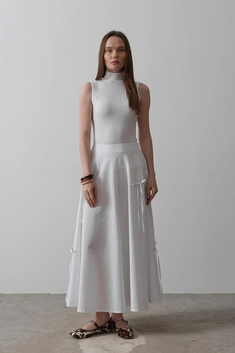 Fusta maxi JANES, talie inalta, croiala in A, alb, textil, Alb